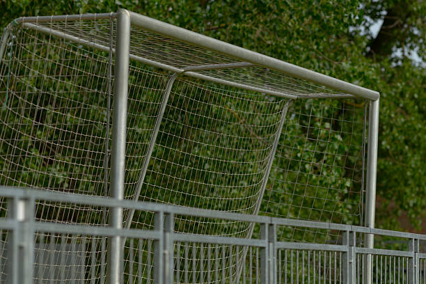 The image features a soccer goal post that stands prominently amidst lush greenery, painting a picture of sports infrastructure beautifully situated in an invigorating outdoor environment