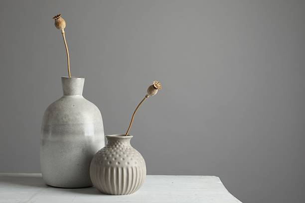 istock Stylish vases with dry poppy heads on white table. Space for text 2224512570