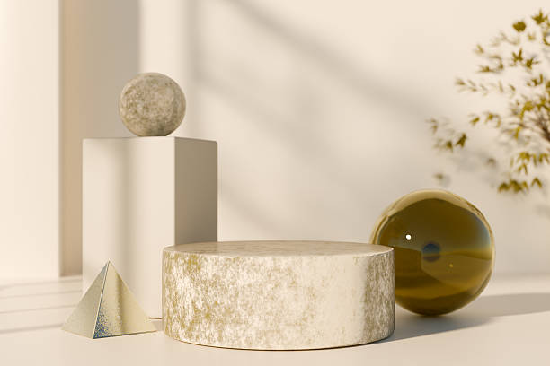 istock Geometric shapes and spheres displayed in a minimalist setting. 3d rendering 2224514227
