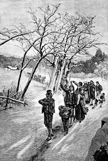A group of people in a wedding procession in rural Norway. Vintage etching circa 19th century.