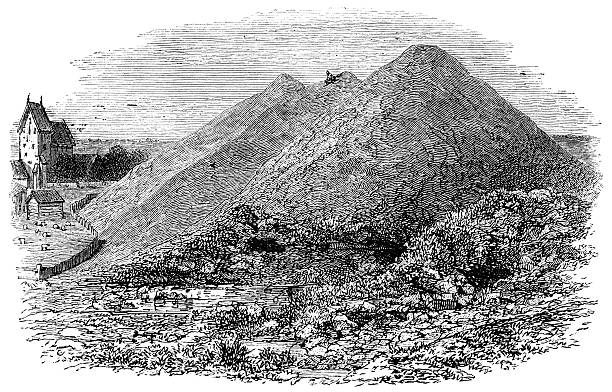 The Royal Mounds at Gamla Uppsala, Sweden. Vintage etching circa 19th century.