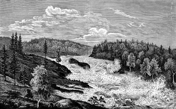 A beautiful river landscape in rural Sweden. Vintage etching circa 19th century.