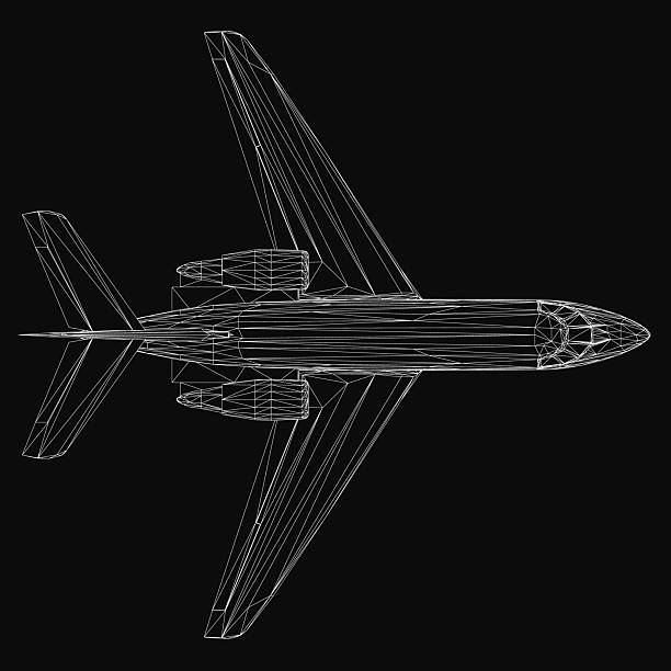 istock A 3D wireframe model of an aircraft with detailed wings, tail, and engines stands out against a black background. The white lines create a striking contrast. 2224520352
