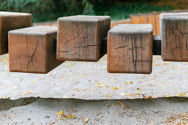 istock Unique wooden blocks create an intriguing play structure in an outdoor garden setting with soft sand underfoot 2224521155