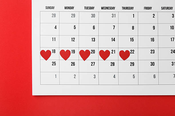 istock Menstruation. Calendar with marked dates on red background, top view 2224521225