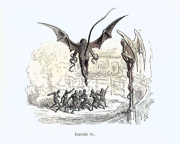 Vintage illustration of Demons overlooking a trial by combat of knights, scene from Orlando Furioso illustrated by Gustave Dore