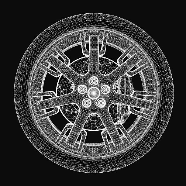 istock A detailed 3D model of a car wheel with intricate lines and realistic textures, isolated on a sleek black background. The design features precise geometric shapes and a polished metallic finish. 2224522238