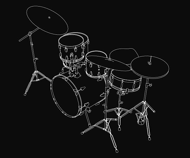 istock Black and white drum set illustration featuring a bass drum, snare drum, toms, and cymbals arranged symmetrically on a dark background. The clean line art highlights the musical instrument's dynamic. 2224527349