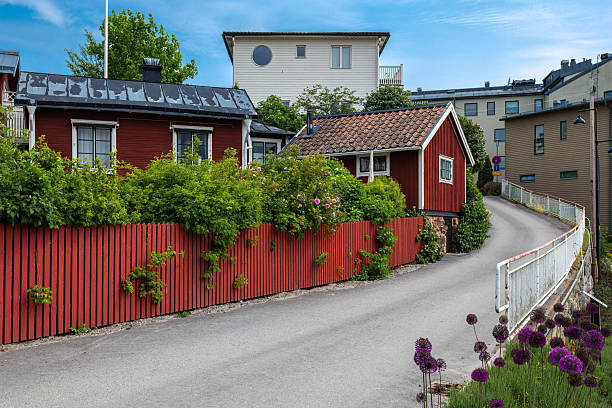 Vaxholm, Sweden - June 4, 2025: A scene in Vaxholm, featuring a winding road lined with lush greenery and vibrant flowers. Traditional red wooden houses with sloped roofs are nestled along the path.