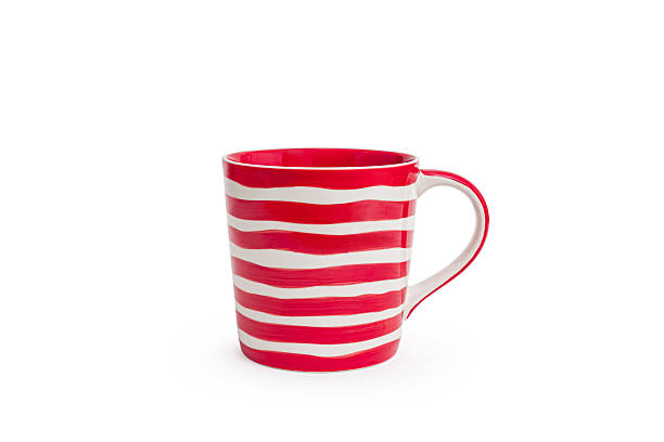 A red and white striped mug with a handle, featuring  bold stripes for a vibrant design isolated on white background. Ideal for advertising kitchenware, tableware, gift, lifestyle products.