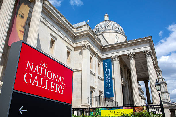 Close-up of The National Gallery facade in London, showcasing classic architecture. Historic cultural landmark.