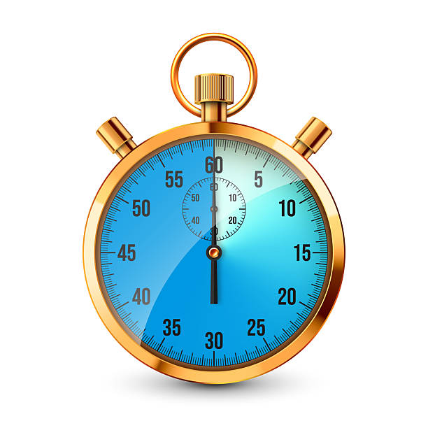 istock Realistic classic stopwatch. Shiny golden metal chronometer, time counter with dial. Blue countdown timer showing minutes and seconds. Time measurement for sport, start, finish. Vector illustration 2224540184