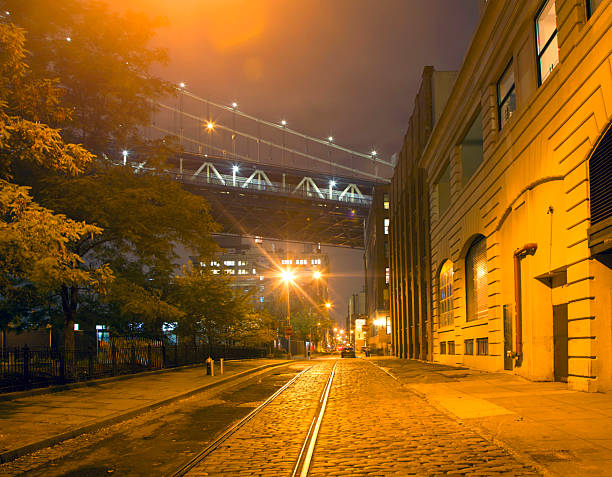 USA NEW YORK Brooklyn wharehouse area, manhattan bridge above. Dumbo district