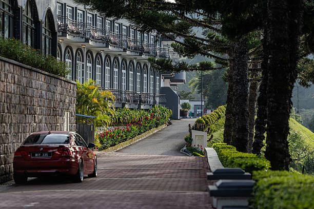 Cameron Highlands, Malaysia - May 14, 2025:  A peaceful morning by the entrance to the beautifully landscaped Cameron Highlands Resort.  HDR encoded