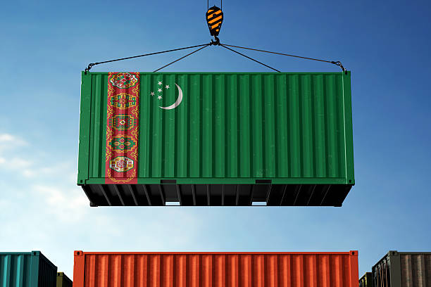 istock Turkmenistan trade cargo container hanging against clouds background 2224574312