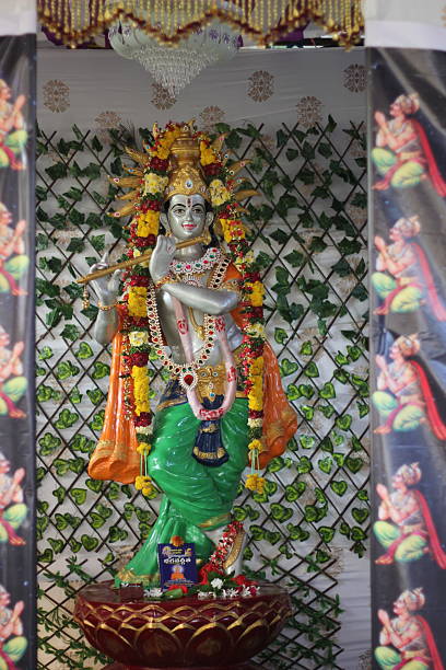 istock Decorated Lord Krishna Statue with Flute and Garland in Traditional Temple Setting 2224576055