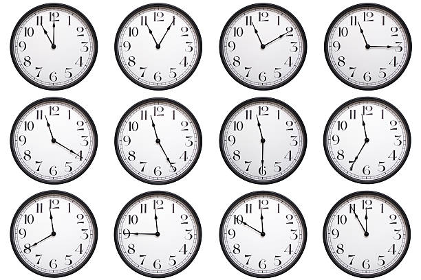 istock A set of classic round analog wall clocks with black frames and bold numbers, each showing a different hour from 11:00 to 11:55 or 23:00 to 23:55. Perfect for educational materials, time related infographics. 2224577000