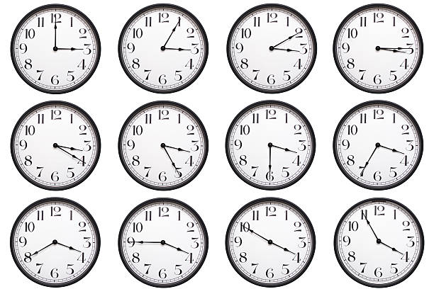 istock A set of classic round analog wall clocks with black frames and bold numbers, each showing a different hour from 03:00 to 03:55 or 15:00 to 15:55. Perfect for educational materials, time related infographics. 2224577026