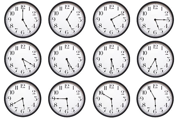 istock A set of classic round analog wall clocks with black frames and bold numbers, each showing a different hour from 05:00 to 05:55 or 17:00 to 17:55. Perfect for educational materials, time related infographics. 2224577033
