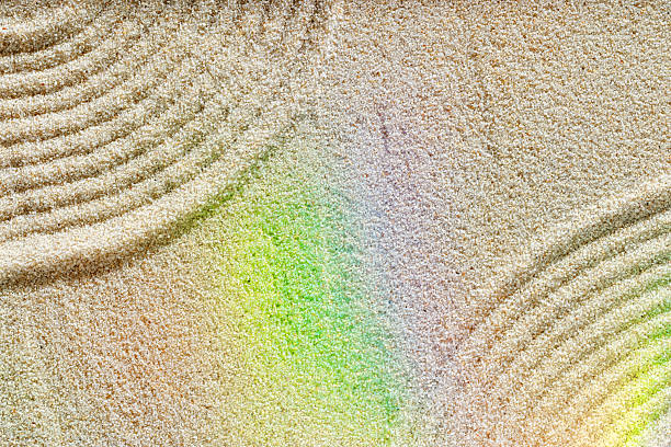 Smooth simple Lines on sand background, minimal aesthetic sandy texture with sunlight rainbow flare. Spa, meditation, relaxation, wellness concept. Natural beige waves pattern in Japanese zen garden