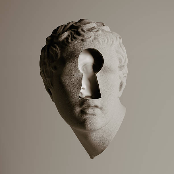 Surreal 3D illustration of a classical statue's head with a keyhole. It reveals a second face, a powerful metaphor for the inner self, hidden identity, psychology, and unlocking the subconscious