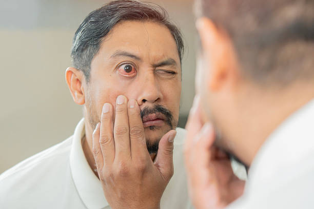 istock Handsome man looks at his reflection in the mirror and check his red eye before and after treatment 2224595248