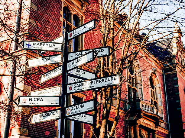Gdansk, Poland, 22 February 2019, Urban tourist pointer sign to where the big cities are located