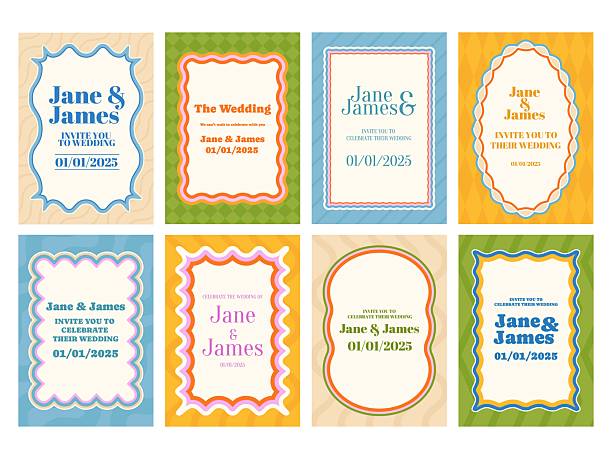 Wavy framed wedding invitation cards. Bridal invite templates with couple names, event dates, and celebratory messages with curly frame borders and pattern backgrounds vector set.