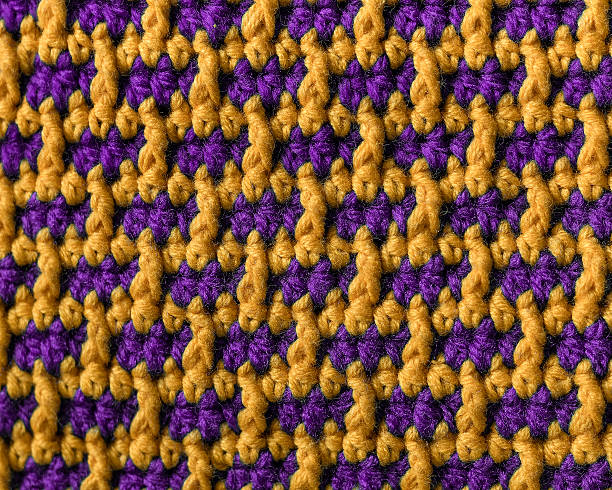 istock Knitted background. Crochet purple yellow brick pattern. Close up. 2224609684