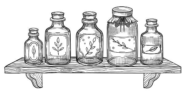 Vector illustration of a shelf with labeled glass apothecary bottles. Outline drawing with containers or jars for herbal remedy packaging, traditional medicine and botanical product in vintage style.
