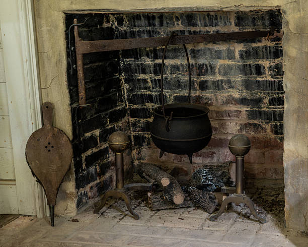istock Old cast iron pot hanging in fireplace 2224612733