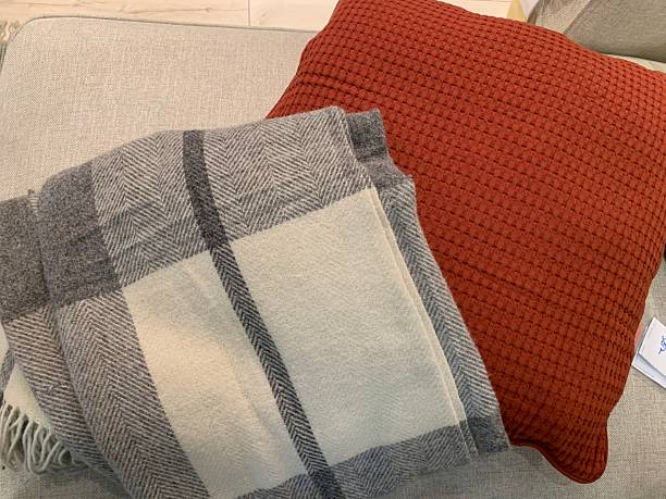 istock Rust Textured Cushion and Grey Plaid Blanket for Cozy Home Decor 2224613925