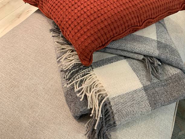 istock Rust Textured Cushion and Grey Plaid Blanket for Cozy Home Decor 2224613928