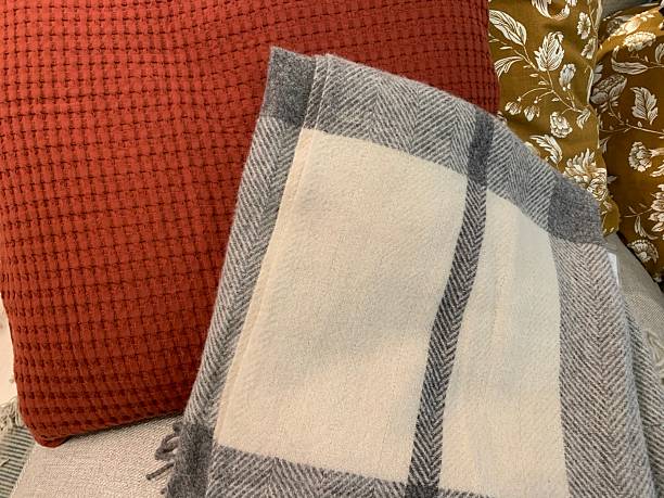 istock Rust Textured Cushion and Grey Plaid Blanket for Cozy Home Decor 2224613929