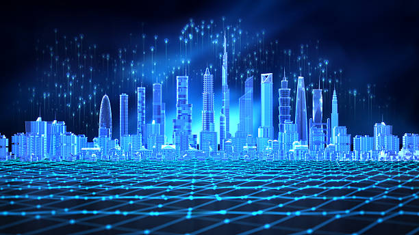 istock Modern city skyline illuminated by digital lights at night showcasing advanced technology and urban development. Twin cities concept 2224615549