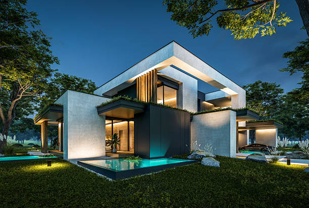 istock 3d rendering of two-story house with concrete facade in night 2224615794