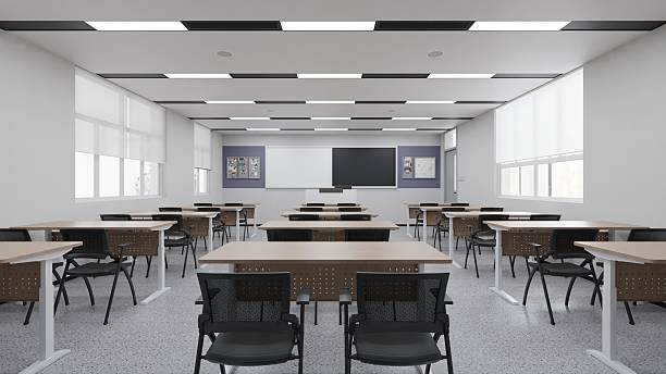 istock Modern Classroom Interior Design with Desks and Chairs 2224629921