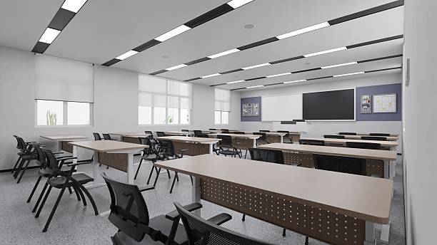 istock Modern Classroom Interior Design with Desks and Chairs 2224629947