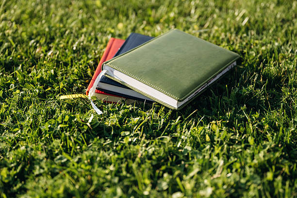 istock Notepads on the green grass, close up view 2224630012