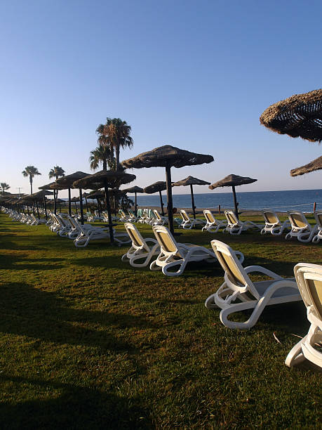 istock Sun loungers with umbrellas on the beach 2224635937