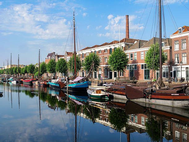 Historic Delfshaven Rotterdam.View from the Piet Heynsbridge to the Aelbrechtskolk of the historic Delfshaven.