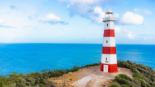 istock Red and White Lighthouse by the Ocean on a Sunny Day 2224645738