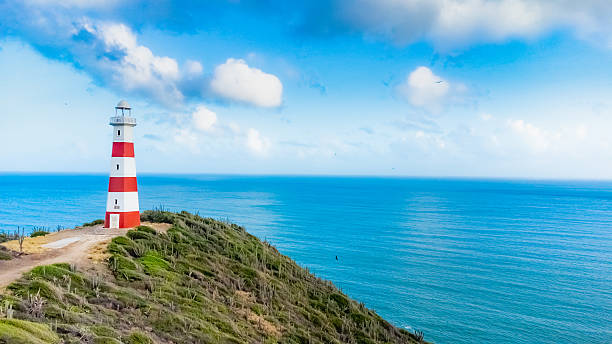 istock Red and White Lighthouse by the Ocean on a Sunny Day 2224645743