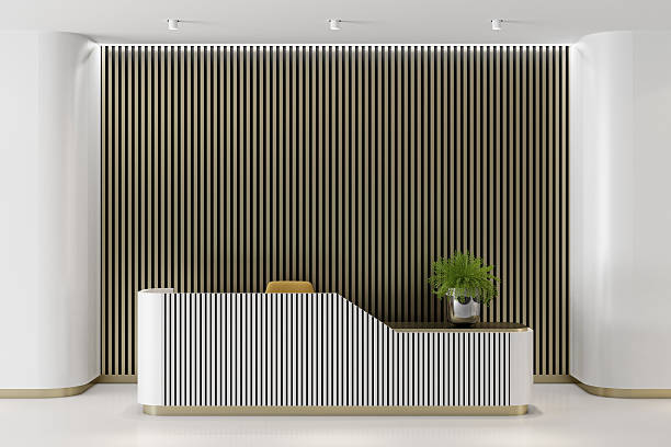 istock Modern White Reception Interior with Gloss Finishes and Brass Accent Wall 2224650993