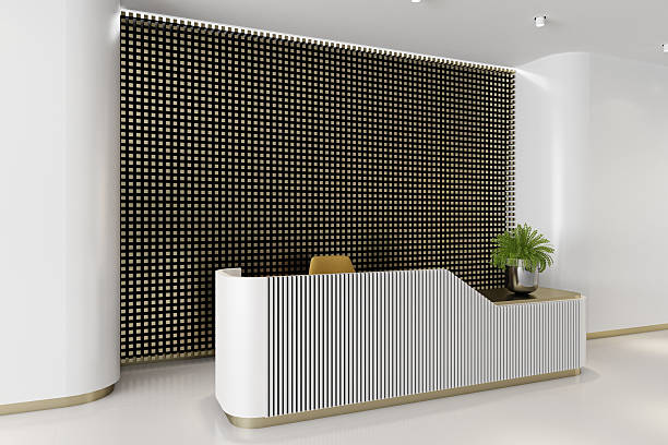 istock Modern White Reception Interior with Gloss Finishes and Brass Accent Wall 2224651022