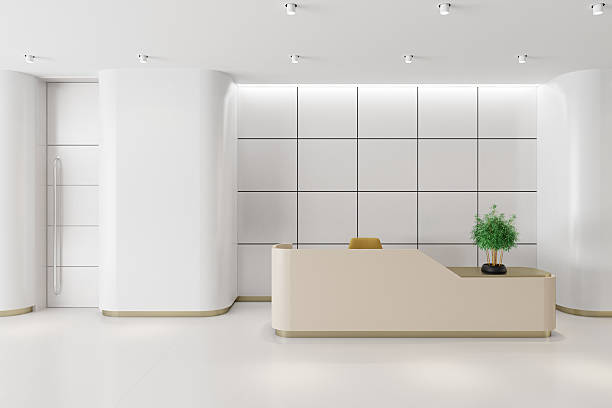 istock Minimalist Reception Interior with Light Beige Gloss Desk and LED-Lit Tiled Wall 2224653215