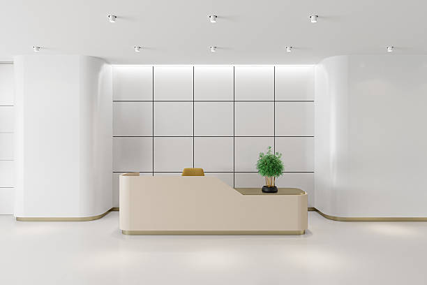 istock Minimalist Reception Interior with Light Beige Gloss Desk and LED-Lit Tiled Wall 2224653312