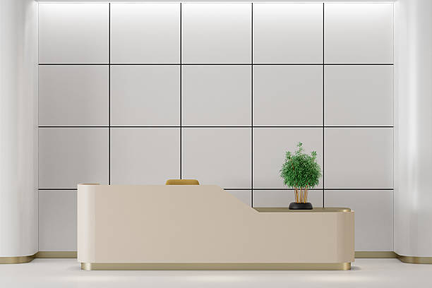 istock Minimalist Reception Interior with Light Beige Gloss Desk and LED-Lit Tiled Wall 2224653316