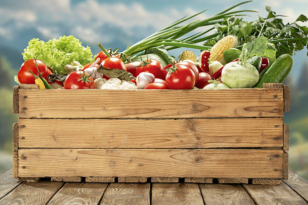 Fresh, colorful spring and summer vegetables arranged on a rustic wooden table, with the open sky in the background. The natural light and airy atmosphere evoke a sense of freshness, wellness, and seasonal eating. This image is ideal for promoting healthy lifestyle, farm-to-table concepts, vegetarian or vegan diets, and outdoor cooking in a vibrant and organic setting.