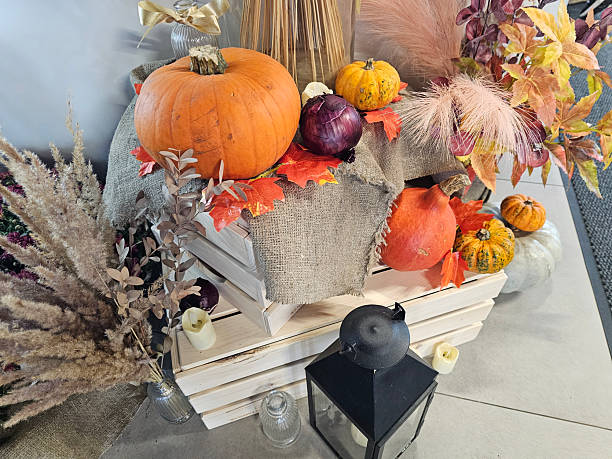 istock Seasonal autumn display featuring pumpkins, decorative foliage, and natural elements 2224659734